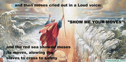 and then Moses cried out in a loud voice: “SHOW ME YOUR MOVES”! and the red sea showed moses its moves, alowing the slaves to cross to safety