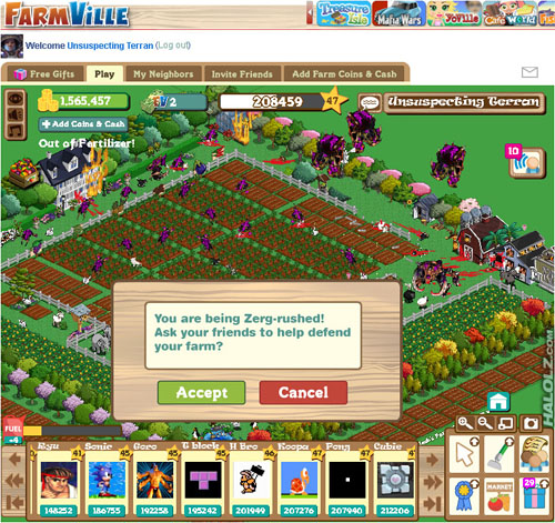 FarmVille - You are being Zerg-rushed! Ask your friends to help defend your farm?